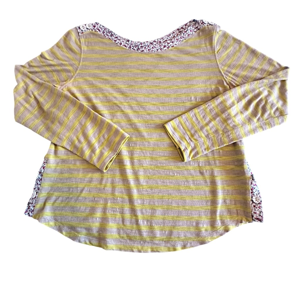 Anthropologie Postage Stamp Top Small Boat Neck Striped Floral‎ Trim Casual Tee